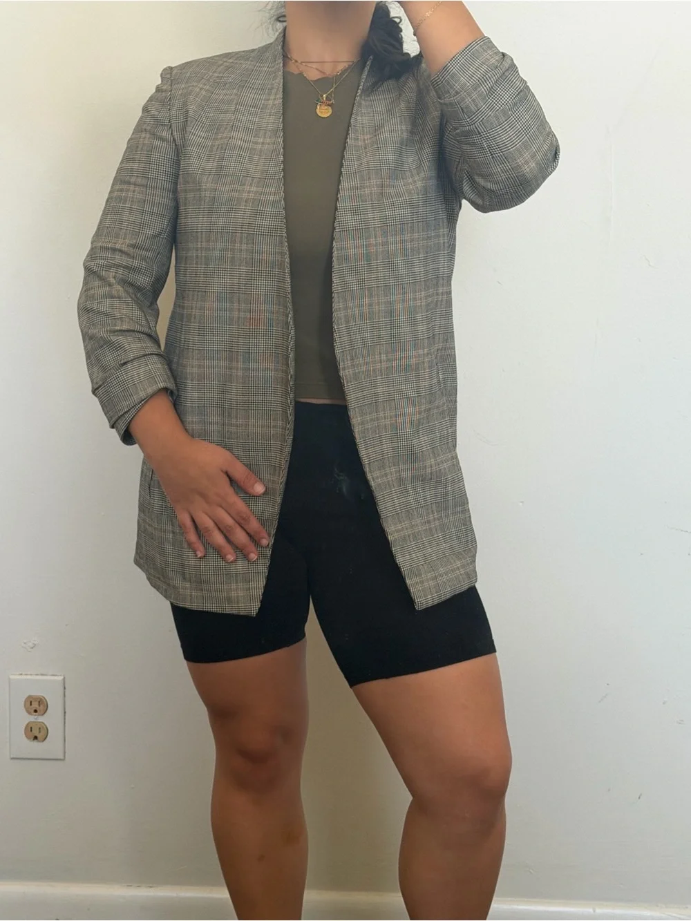 Aritzia Gray Plaid Open-Front Blazer